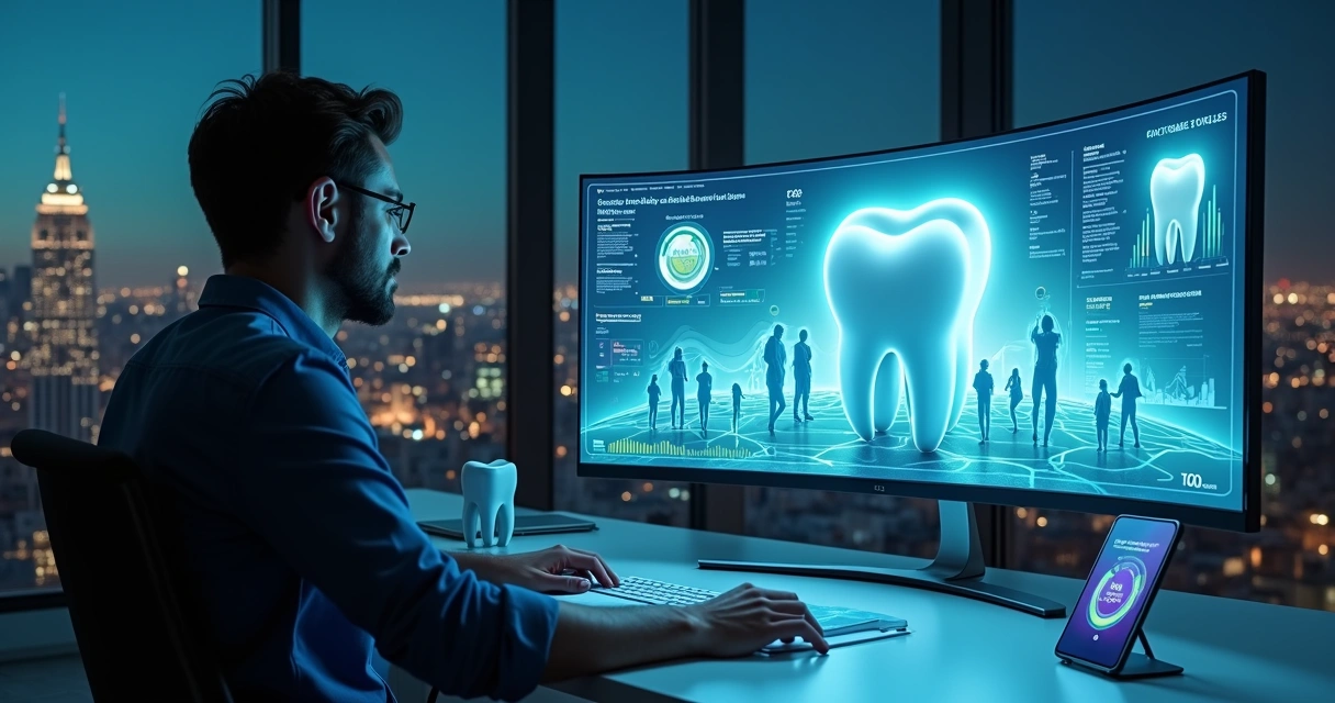 Dentista analisando painel de dados digitais com ícones de anúncios e dentes estilizados 