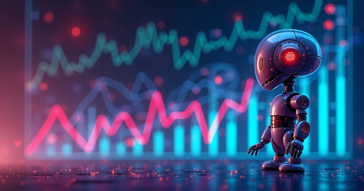 Painel digital com gráficos coloridos e robô símbolo de IA processando dados de apostas
