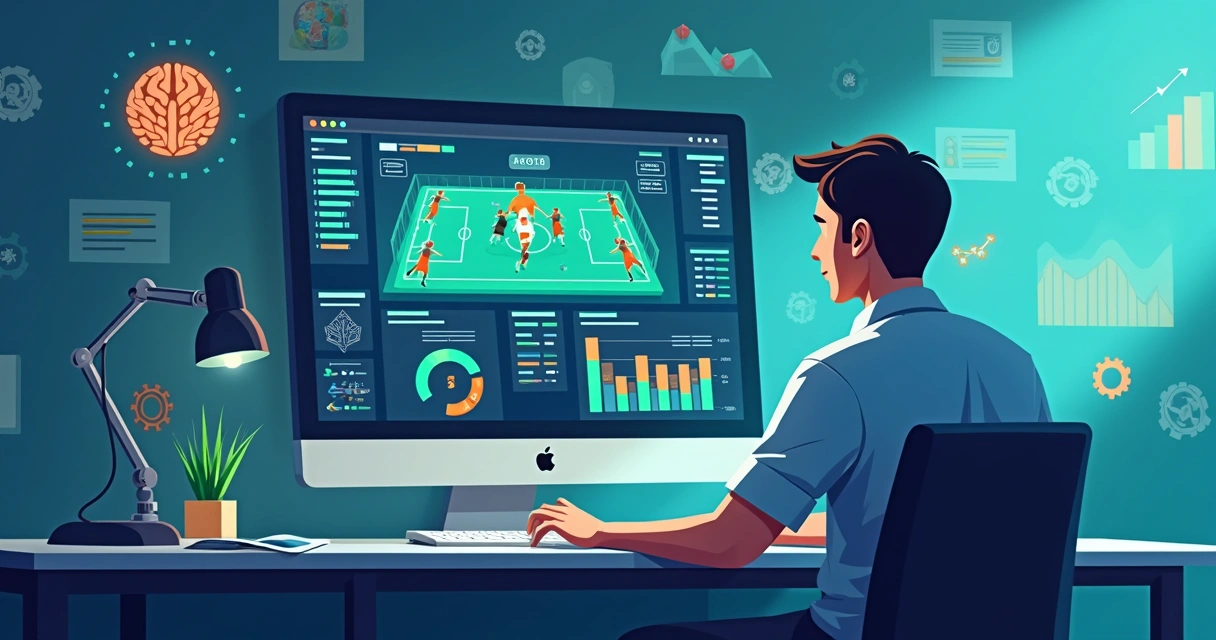 Inteligência artificial analisando dados de futebol na tela de um computador