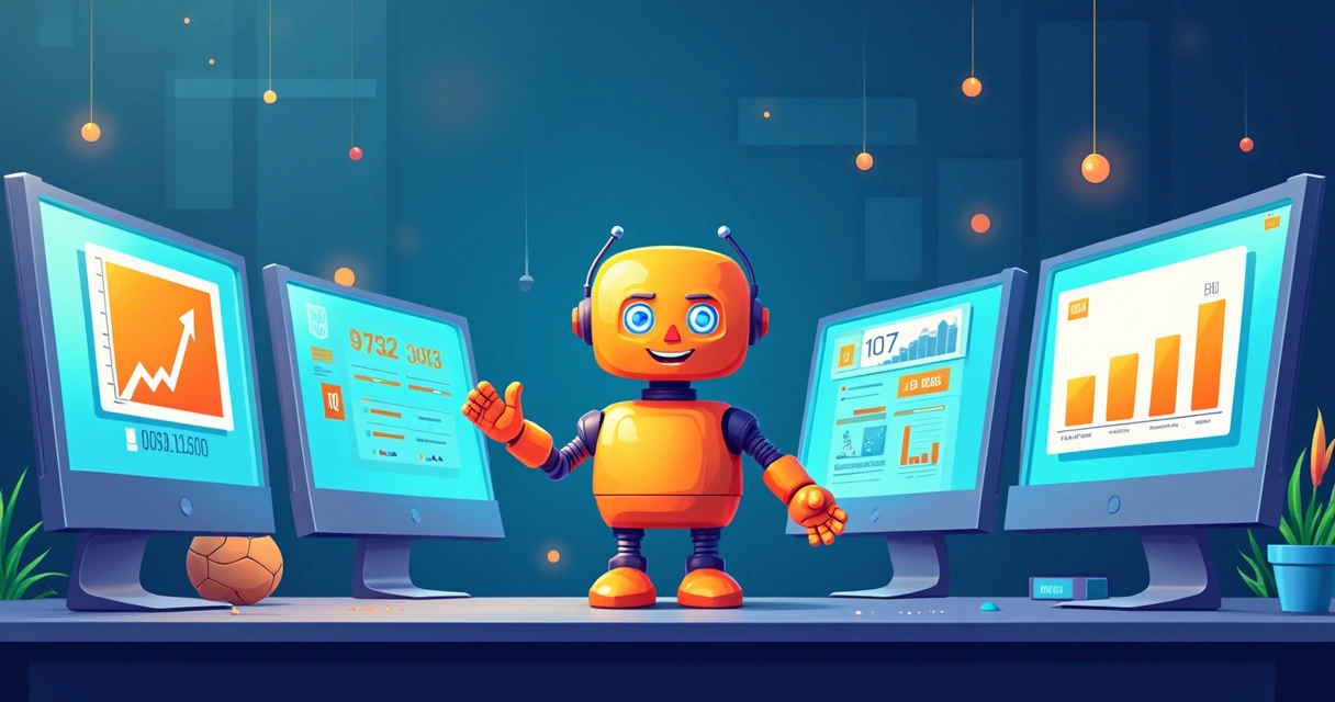 Robô digital analisando jogos de futebol em vários monitores
