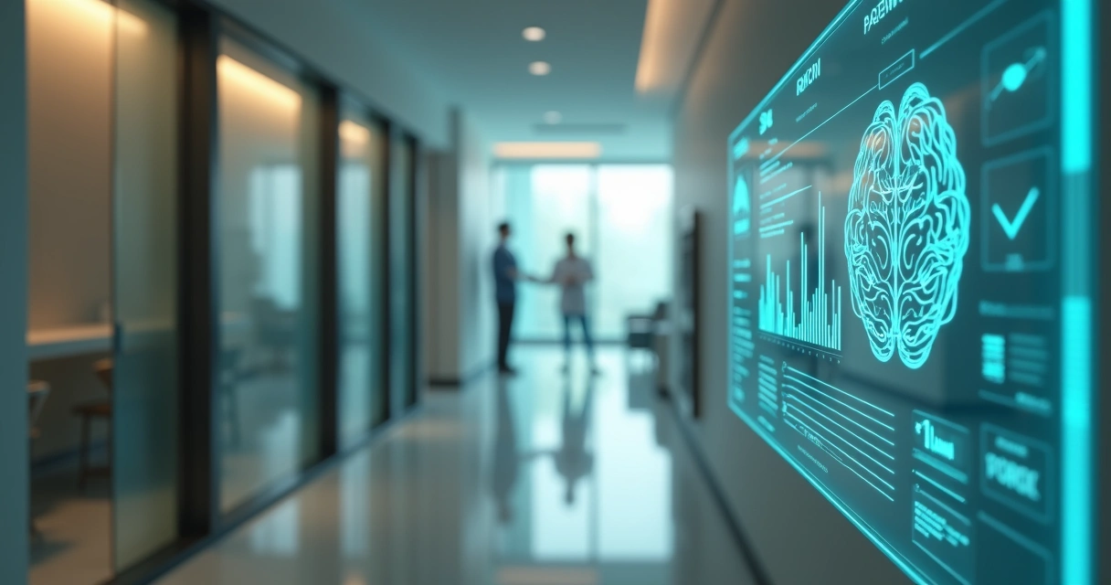 Tela holográfica de IA médica auxiliando atendimento digital em clínica moderna 