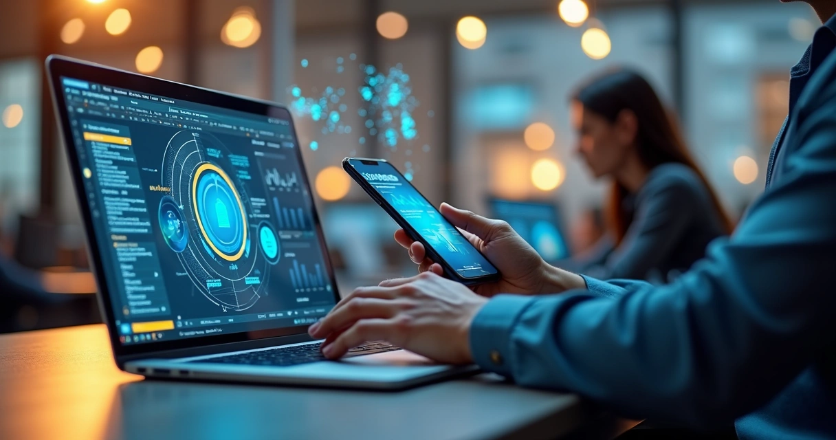 Profissional imobiliário usando computador e smartphone com interface de inteligência artificial para atendimento ao cliente por chatbots e assistentes virtuais