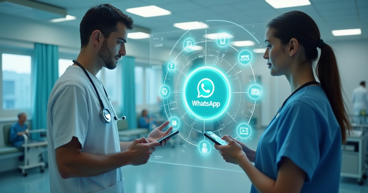 Agente digital de IA atendendo cidadão no SUS via WhatsApp em ambiente clínico moderno 