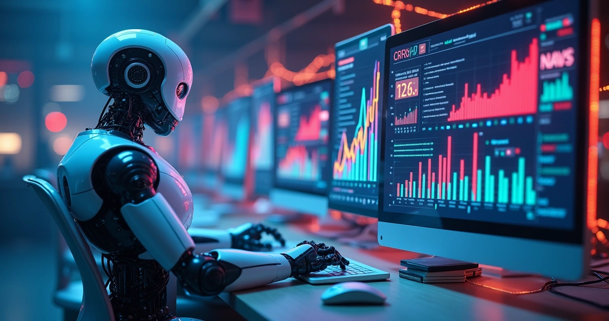 Ilustração de computadores e robôs conectados com gráficos de vendas subindo