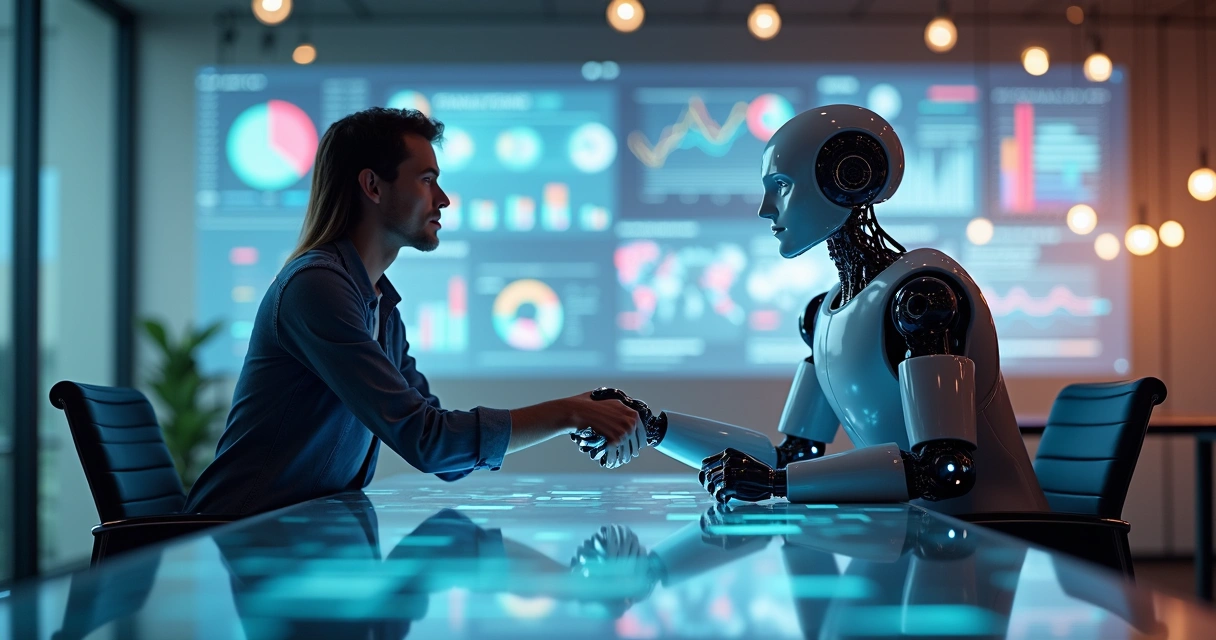 Robô e humano apertando as mãos em um escritório moderno, telas exibindo gráficos e dados. 