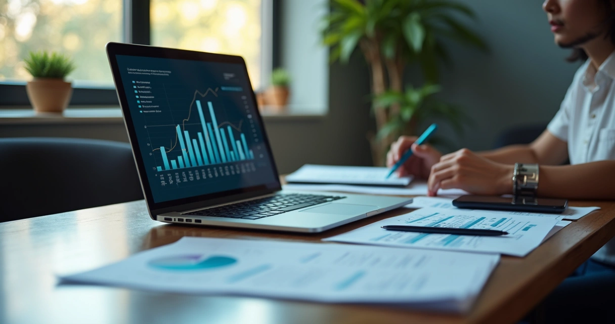 Mesa de trabalho moderna com laptop exibindo gráficos financeiros, documentos contábeis digitais e assistente virtual na tela, representando inteligência artificial na contabilidade 