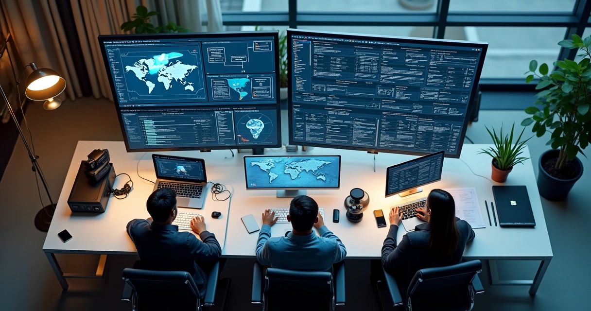 Processo de automação com IA e pessoas acompanhando fluxos em telas 