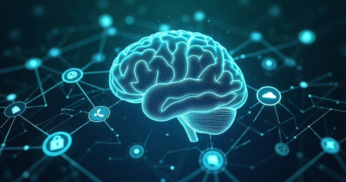 Representação visual de inteligência artificial Ayume conectando sistemas 