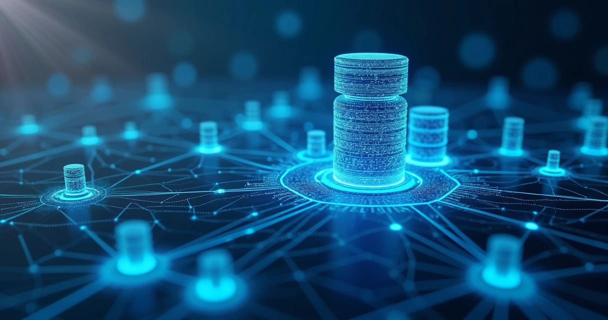 Ilustração de inteligência artificial conectando diversos bancos de dados empresariais 