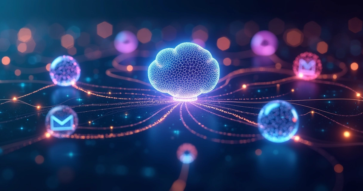 Representação abstrata de inteligência artificial conectando dados em operações B2B 