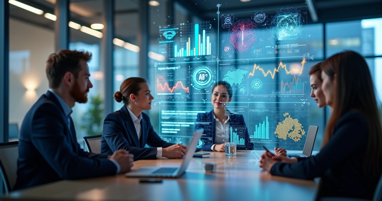 Interface digital com gráficos de dados e elementos de IA conectando equipes de marketing, vendas e produto em ambiente corporativo moderno 