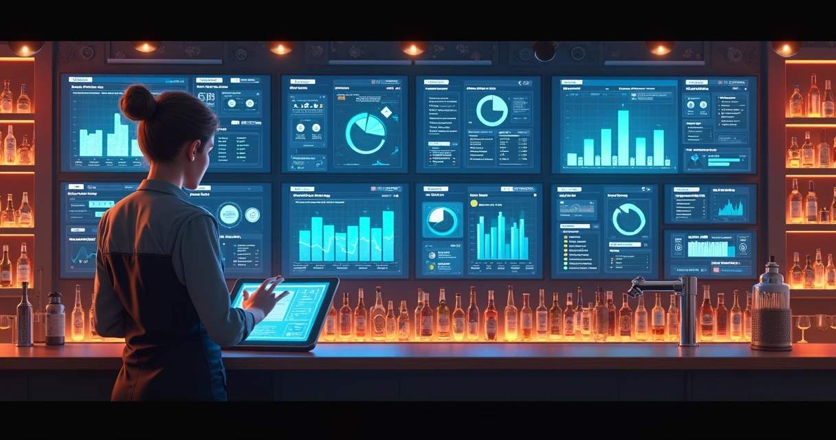 Painel digital mostrando IA gerindo o estoque do bar