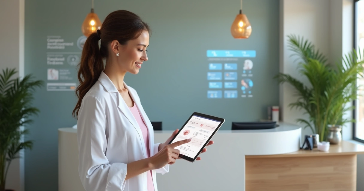 Profissional de estética usando tablet com interface de inteligência artificial 