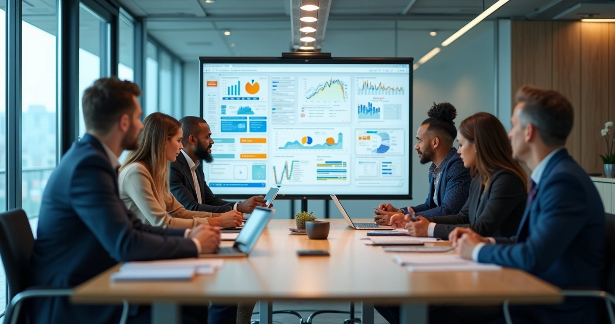 Equipe discutindo estratégia de conteúdo com painéis digitais de IA 