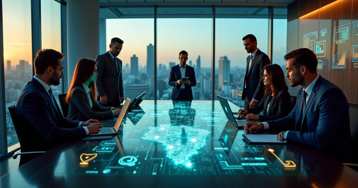 Executivos brasileiros observam holograma de inteligência artificial sobre mapa do Brasil 
