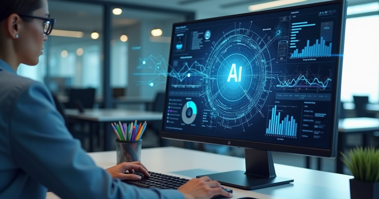 Computador moderno com interface de pesquisa por inteligência artificial exibindo gráficos e dados complexos na tela 