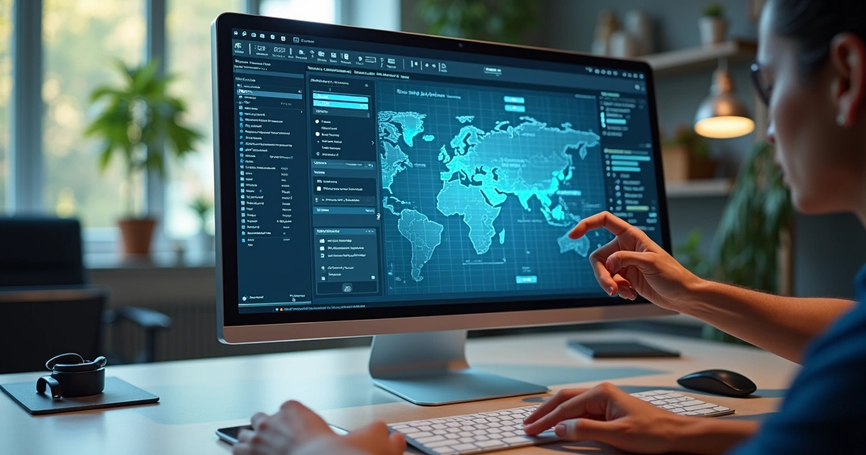 IA com interface de currículos sobre uma mesa de escritório 