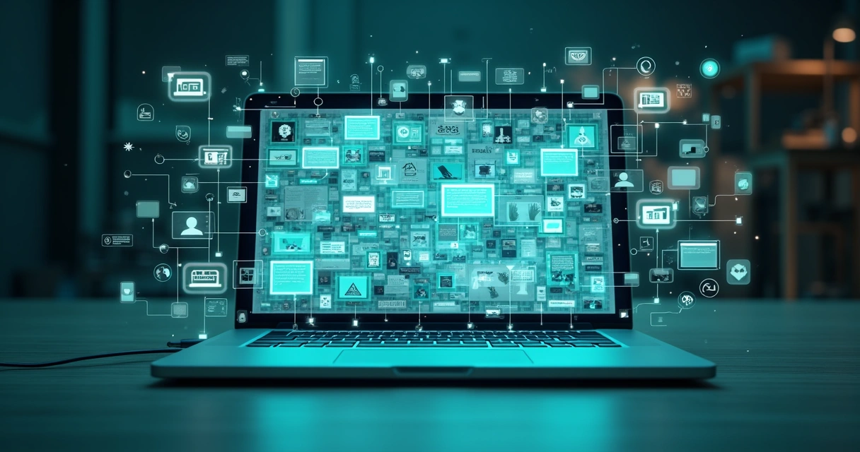 Visão ilustrada de inteligência artificial gerando catálogos B2B online 