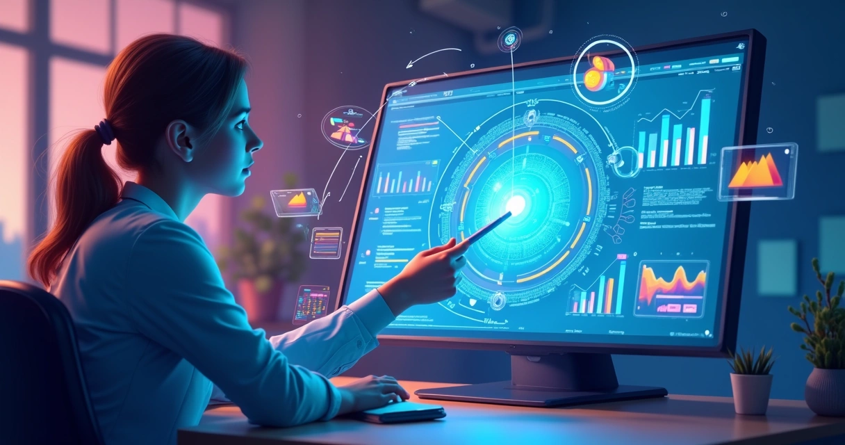 Ilustração de inteligência artificial processando informações em tela digital 