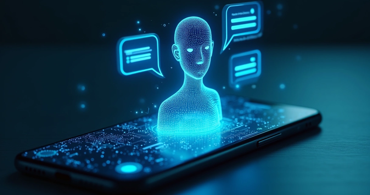 Assistente virtual conversando com clientes por mensagens digitais. 