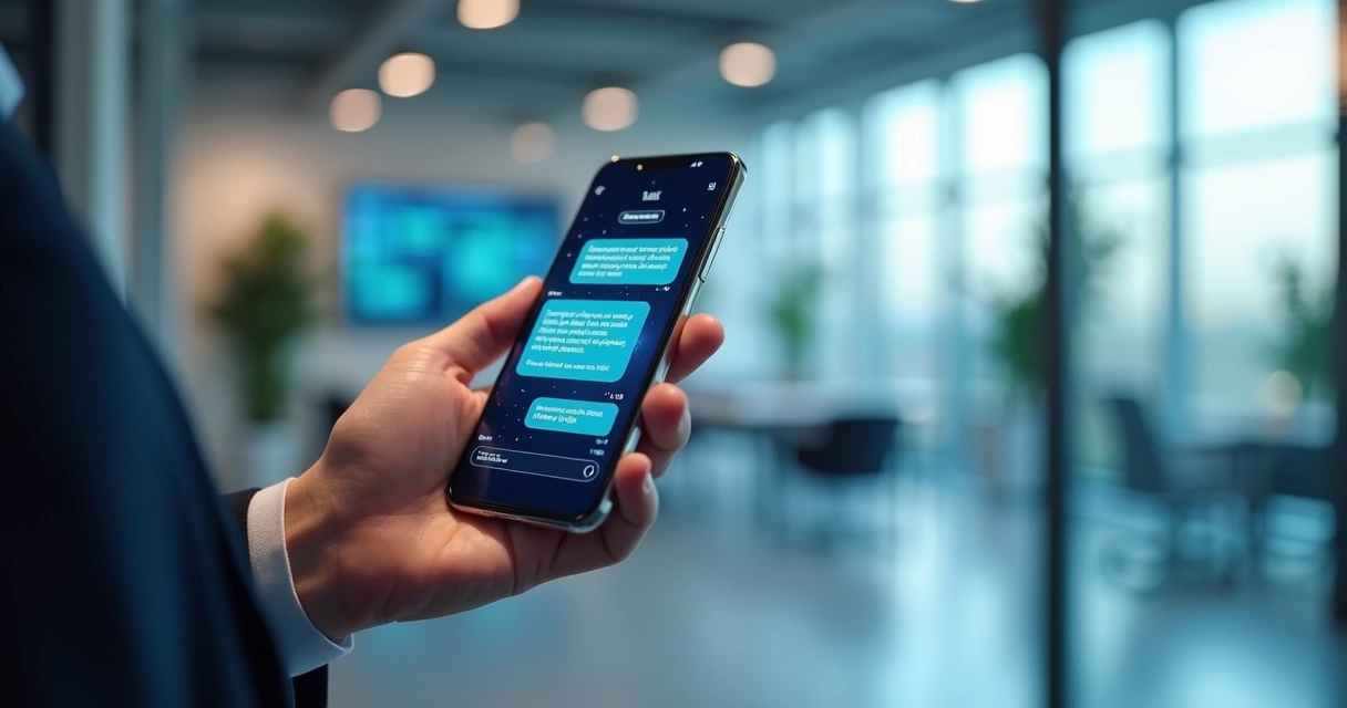 Assistente virtual de chatbot imobiliário exibido em tela de smartphone com interface moderna e elementos de IA ao fundo 