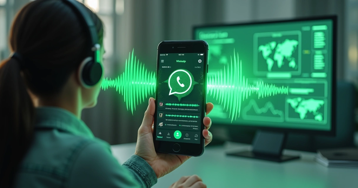 Chatbot de voz atuando na interface do WhatsApp com painéis analíticos ao fundo