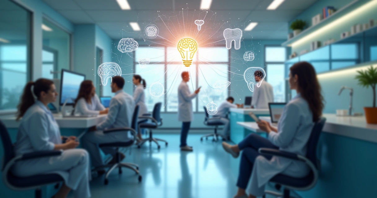 Representação de inteligência artificial auxiliando tarefas em clínica pequena 