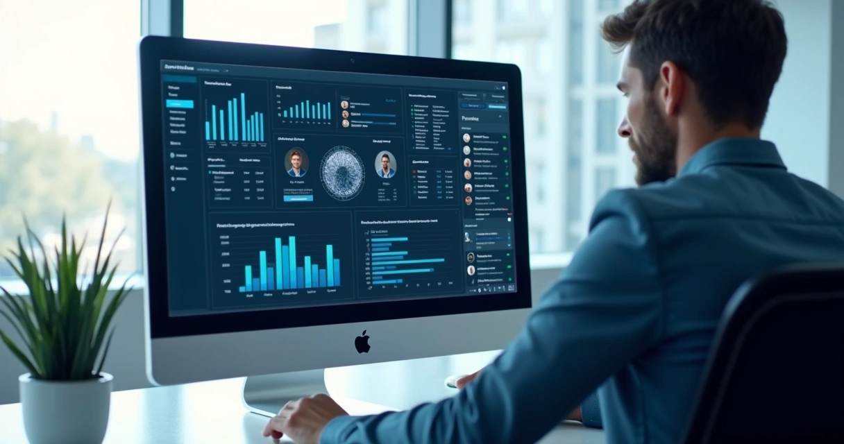 Inteligência artificial gerenciando cobrança com gráficos em tela 