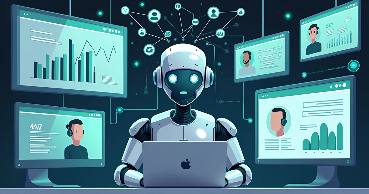 Aplicação de inteligência artificial em análise de cobrança, robô analisando gráficos, faturas e clientes digitais 