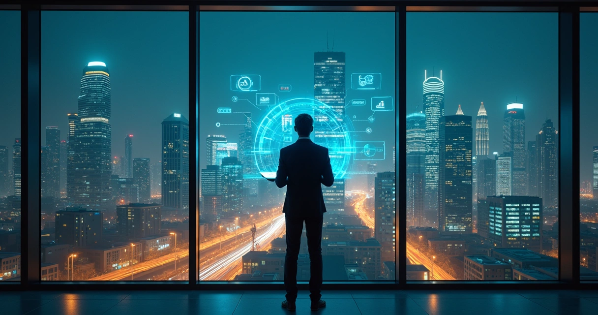 Executivo observando cidade à noite com estruturas digitais representando inteligência artificial 