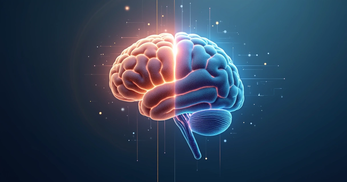 Ilustração de um cérebro humano interligado a circuitos digitais de IA 