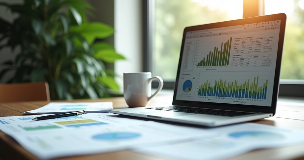 Mesa de trabalho com notebook exibindo dados ambientais, papéis com gráficos e mapas, e uma caneca ao lado em ambiente de consultoria ambiental 