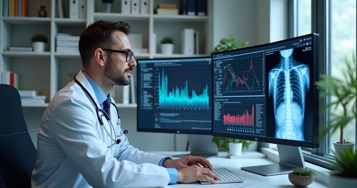 Médico avaliando diagnóstico mostrado por tela de computador com inteligência artificial 