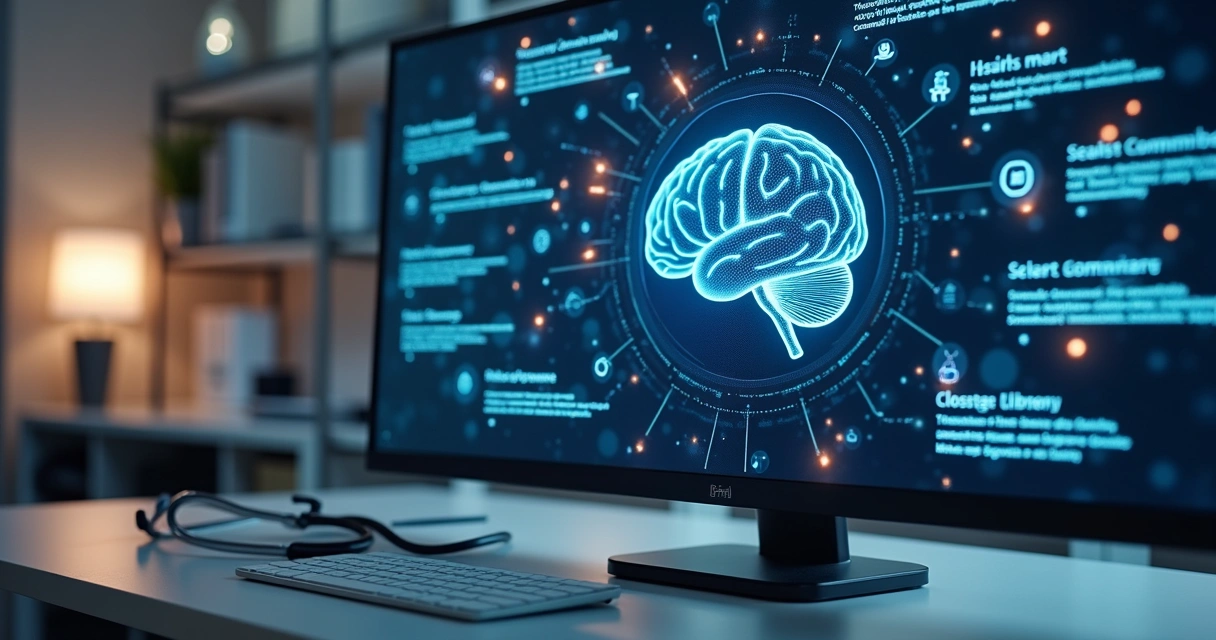 IA analisando prontuário digital em computador de clínica médica 