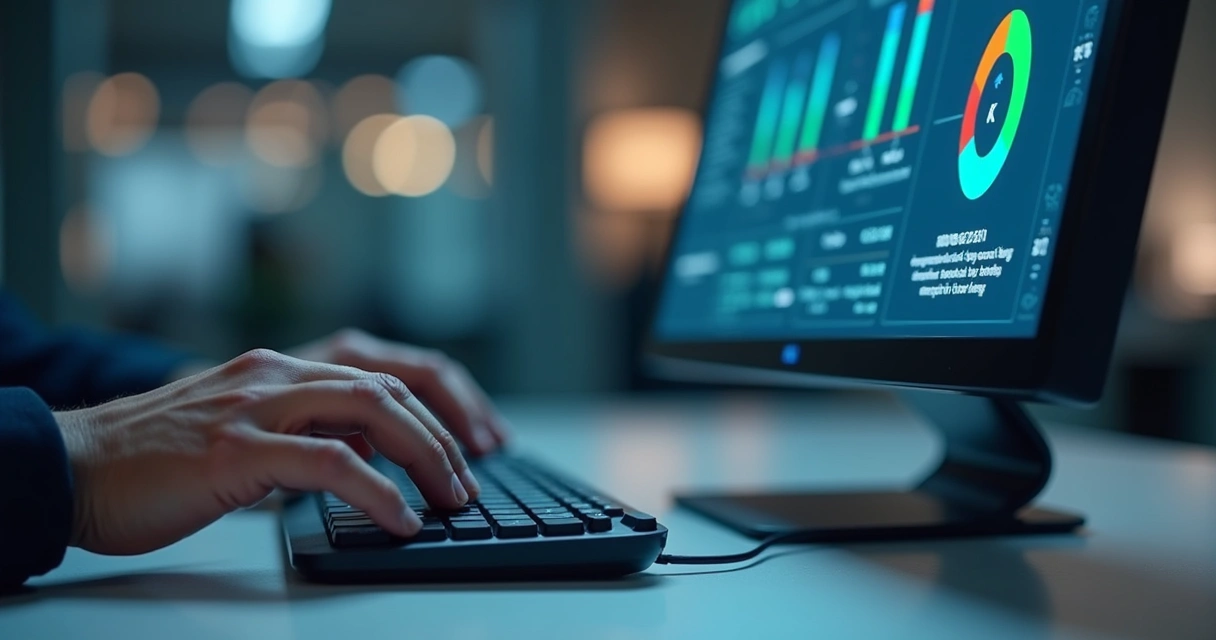 Detalhe de mãos de contador usando software com inteligência artificial 