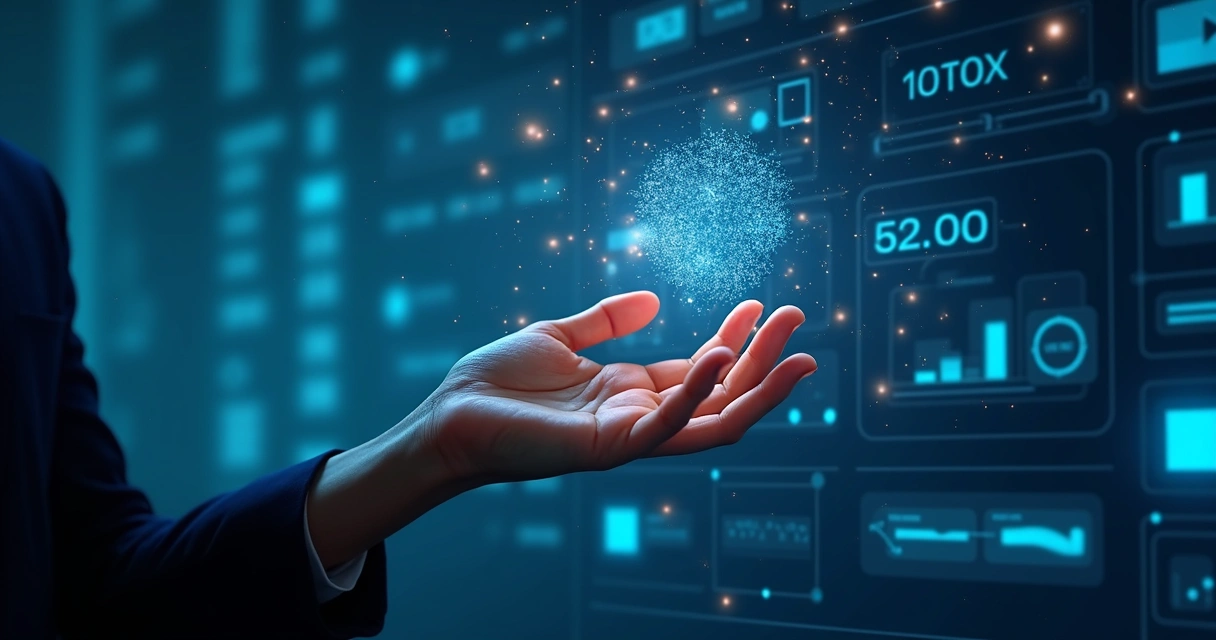 Ilustração de inteligência artificial aplicada à contabilidade com interface digital e números flutuando