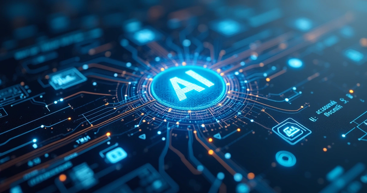 Interface digital com circuitos de IA conectando dados contábeis 