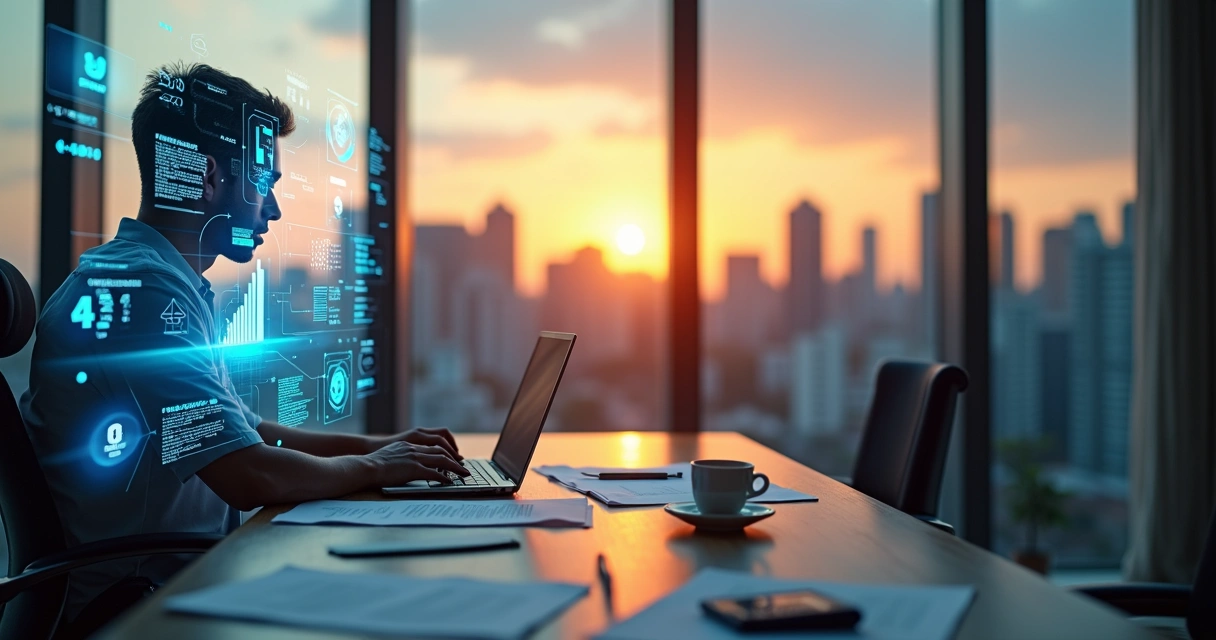 Contador em escritório moderno usando inteligência artificial na contabilidade 