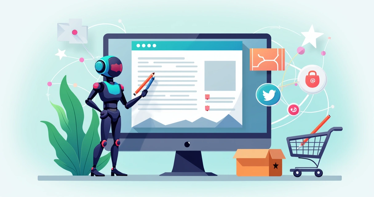 Representação de inteligência artificial ajudando na criação de texto para loja online 