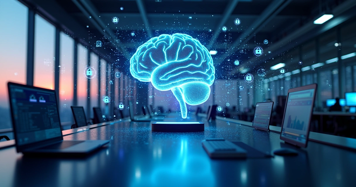 Conceito visual de IA interagindo com dados corporativos 