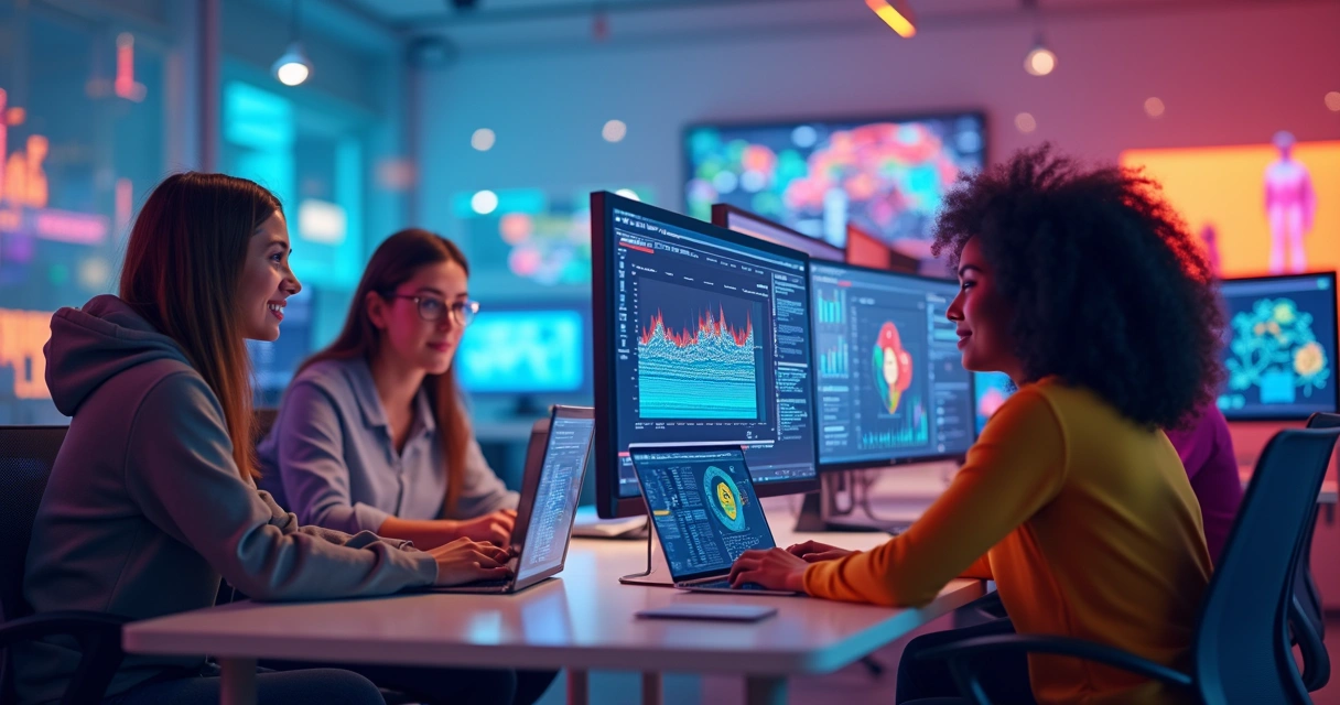 Ilustração de um escritório moderno com equipe trabalhando em computadores, gráficos digitais e elementos tecnológicos flutuando ao redor 