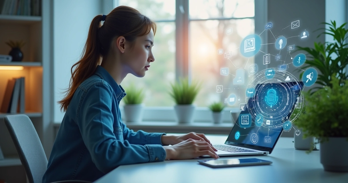 Pessoa usando laptop com elementos visuais de inteligência artificial sobrepostos na tela e ambiente de escritório moderno ao fundo 