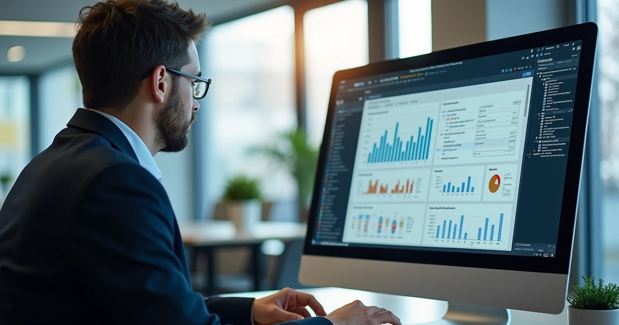 Tela de computador mostrando a interface do Power Apps com assistente Co-Pilot ativo e gráficos de dados na tela, ambiente de escritório moderno com luz natural 