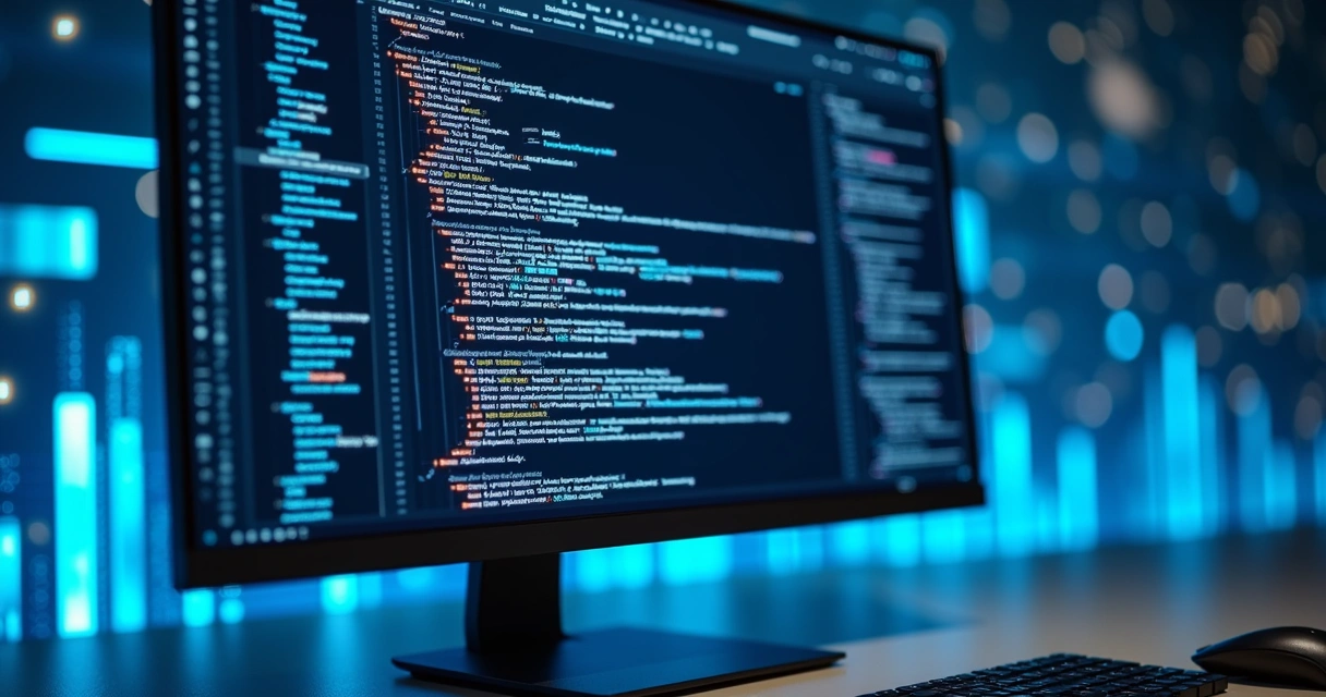 Representação IA criando landing page em tela de computador 