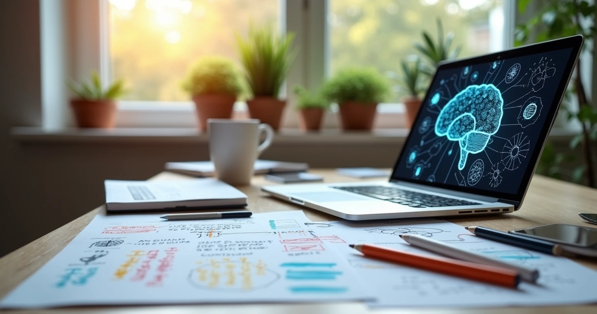 Mesa com computador, folhas com rascunhos de ideias e elementos gráficos de IA 