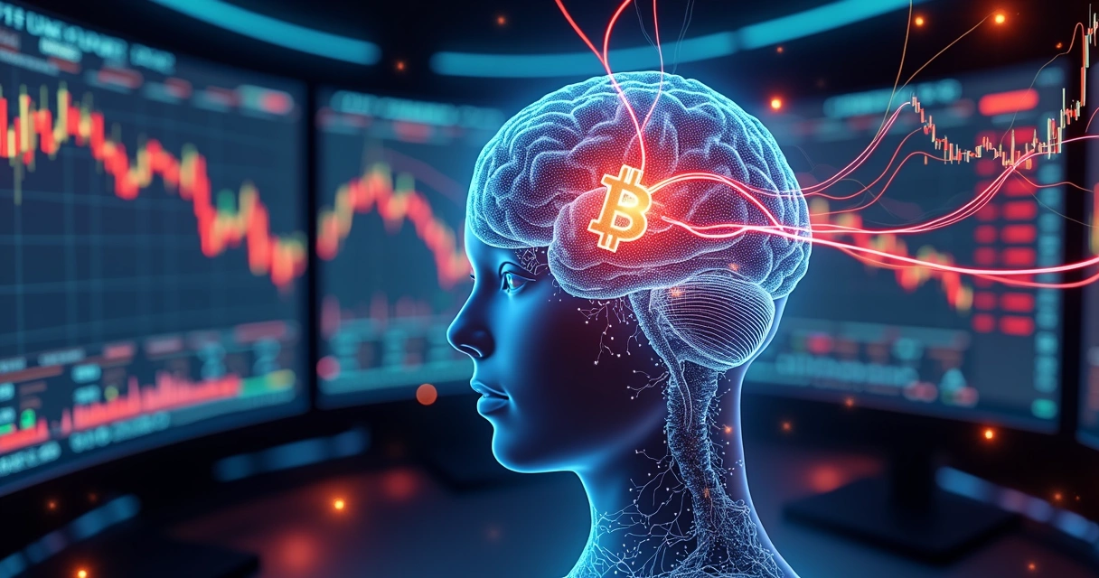 Cérebro digital de inteligência artificial analisando tendências de bitcoin em gráficos 