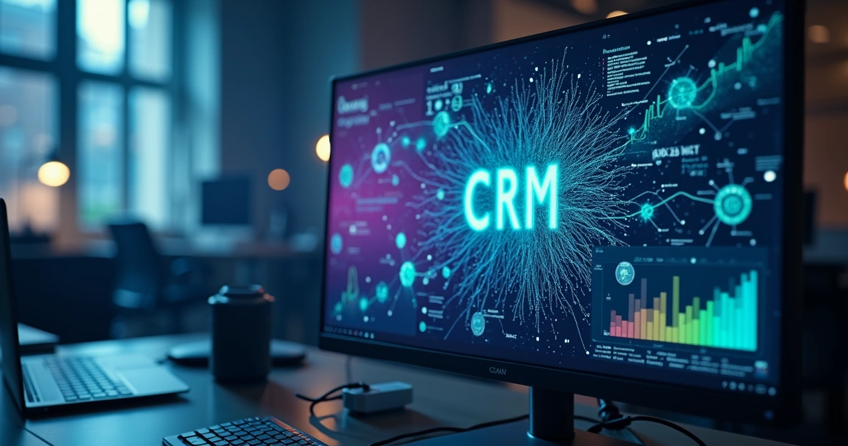 Interface de CRM sendo analisada por elementos gráficos de inteligência artificial 