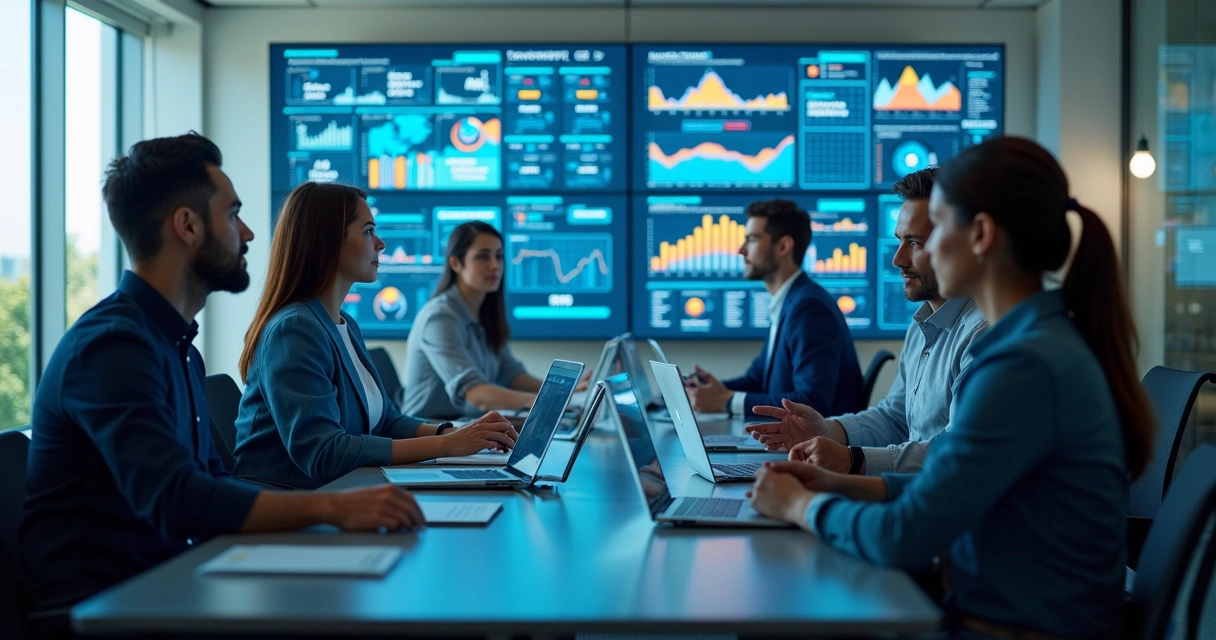 Equipe analisando gráficos digitais em um escritório moderno 