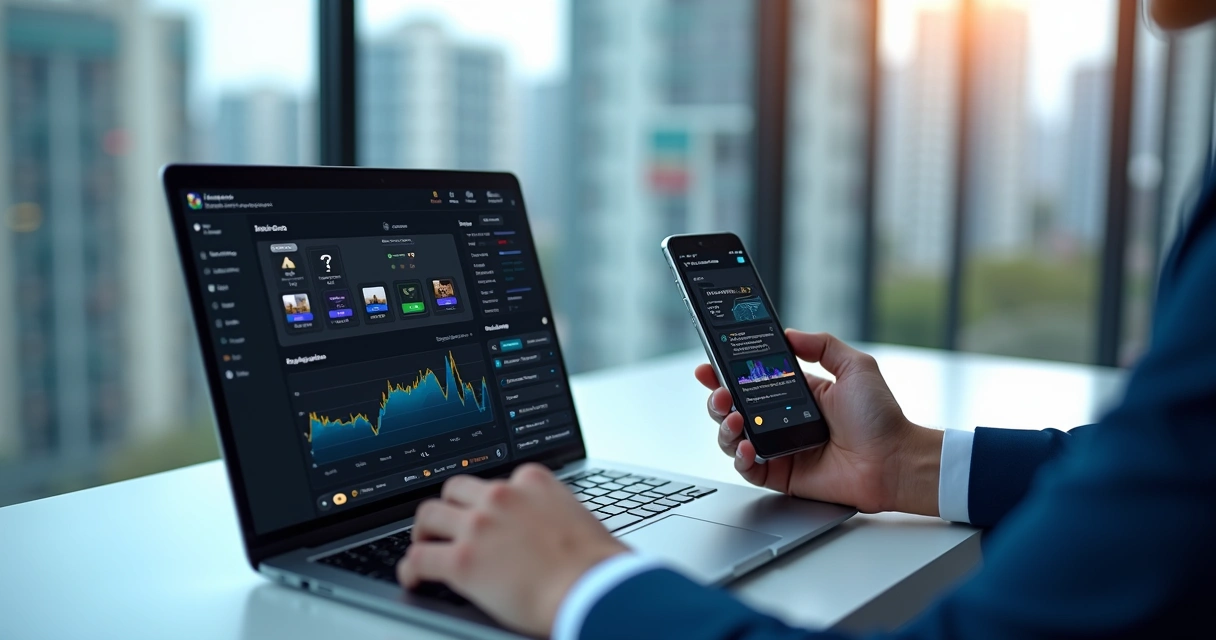 Corretor usando CRM imobiliário com inteligência artificial em laptop e celular 