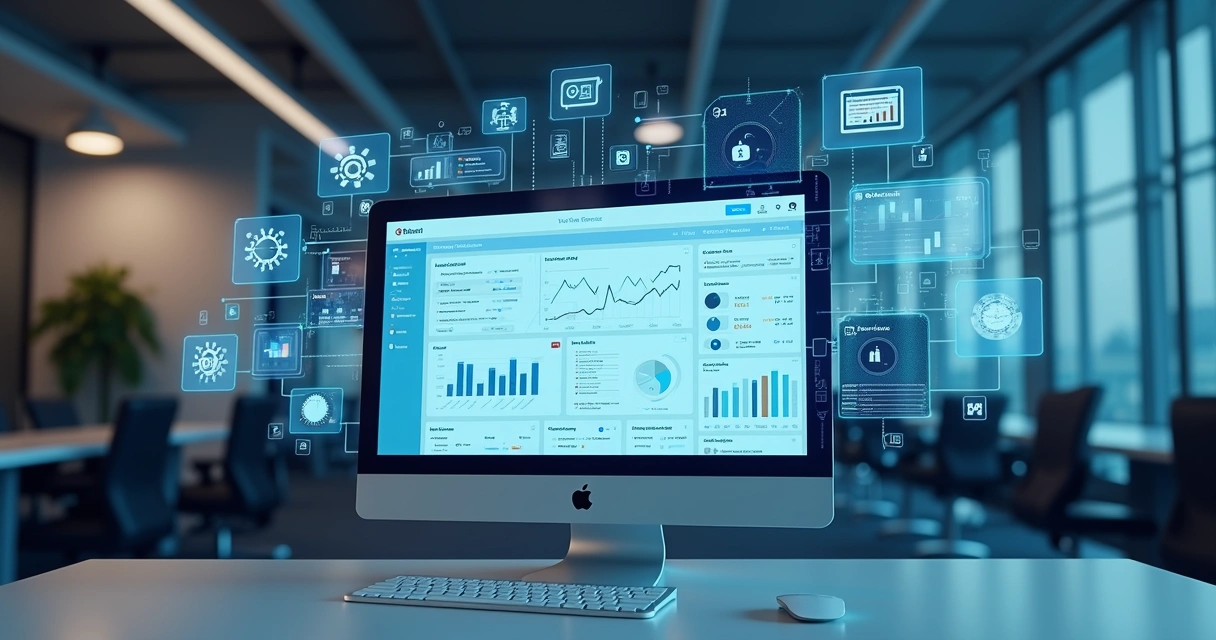 Interface digital com atendimento automatizado por inteligência artificial em tela de computador e ícones tecnológicos ao redor 